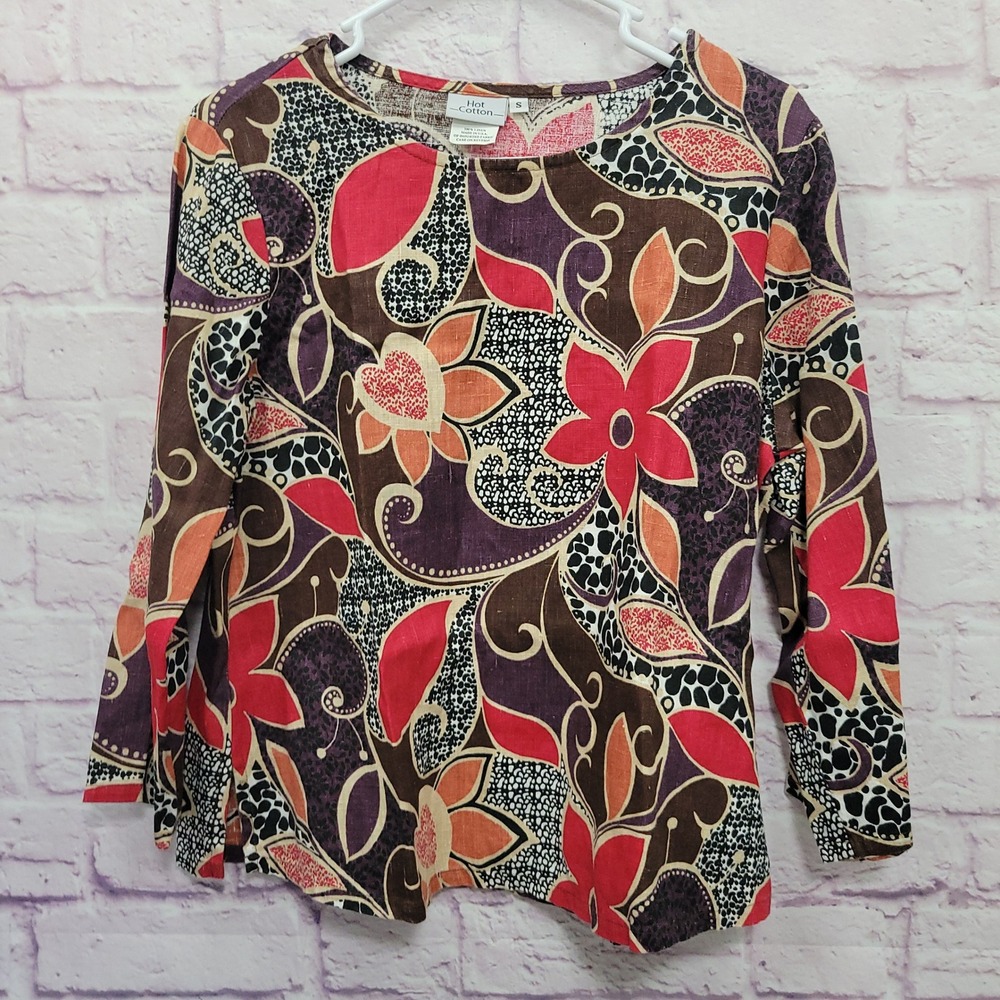 Hot Cotton Floral Bold Retro 100% Linen Blouse S Boho Whimsical Goblincore Indie